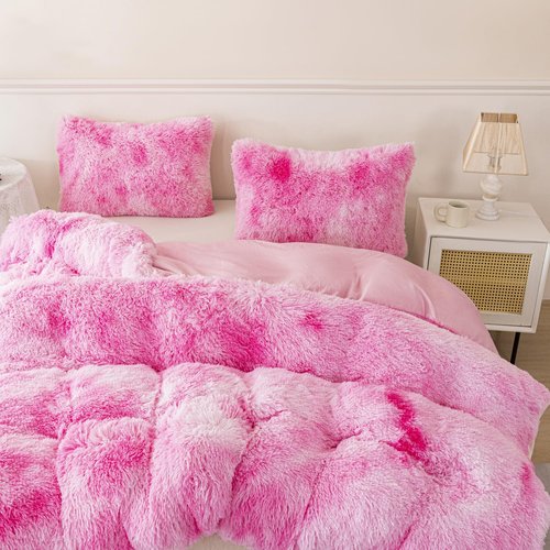 RYNGHIPY Plush Shaggy Bedding Set for Kids Girls Faux Fur Fluffy Velvet Duvet Cover Set Pink Tie Dye Gilrs Bed Set Furry and Soft (Tie Dye Pink,Twin)