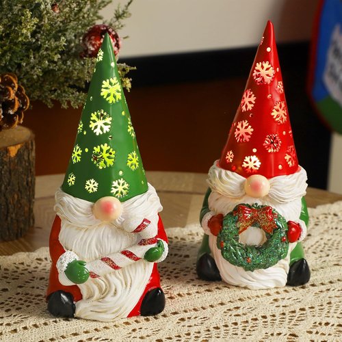 FORUP Christmas Gnome Decor - Set of 2 Lighted Resin Figurines with Wreath & Candy Cane | Indoor Table Decorations