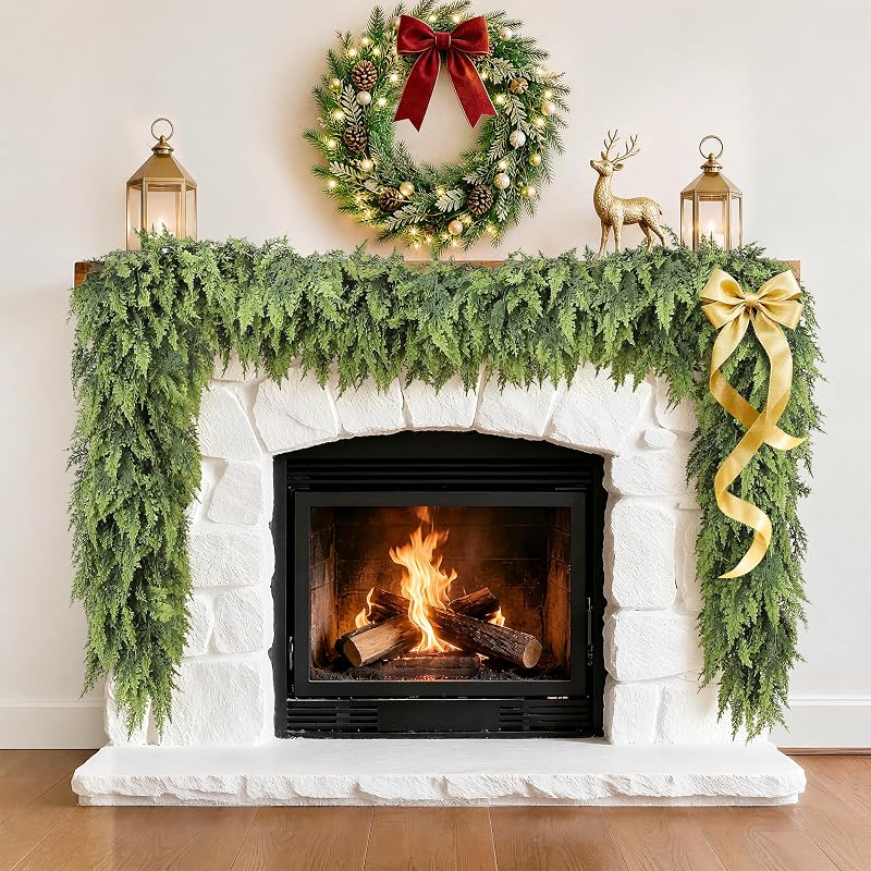 Christmas Cedar Garland 6ft Real Touch Upgrade Large Branches - Lush Faux Pine for Mantle & Holiday Decor (Variation: Christmas Green+1+6ft)