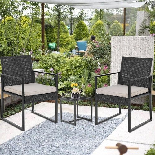 FDW 3-Piece Patio Furniture Set - Modern Outdoor Wicker Chairs & Coffee Table | Weather-Resistant Khaki Rattan