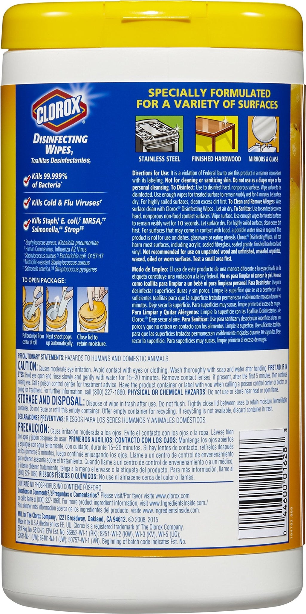 Clorox Disinfecting Cleaning Wipes, Bleach Free, Crisp Lemon, 75 Count, Pack of 6 (Pack May Vary)
