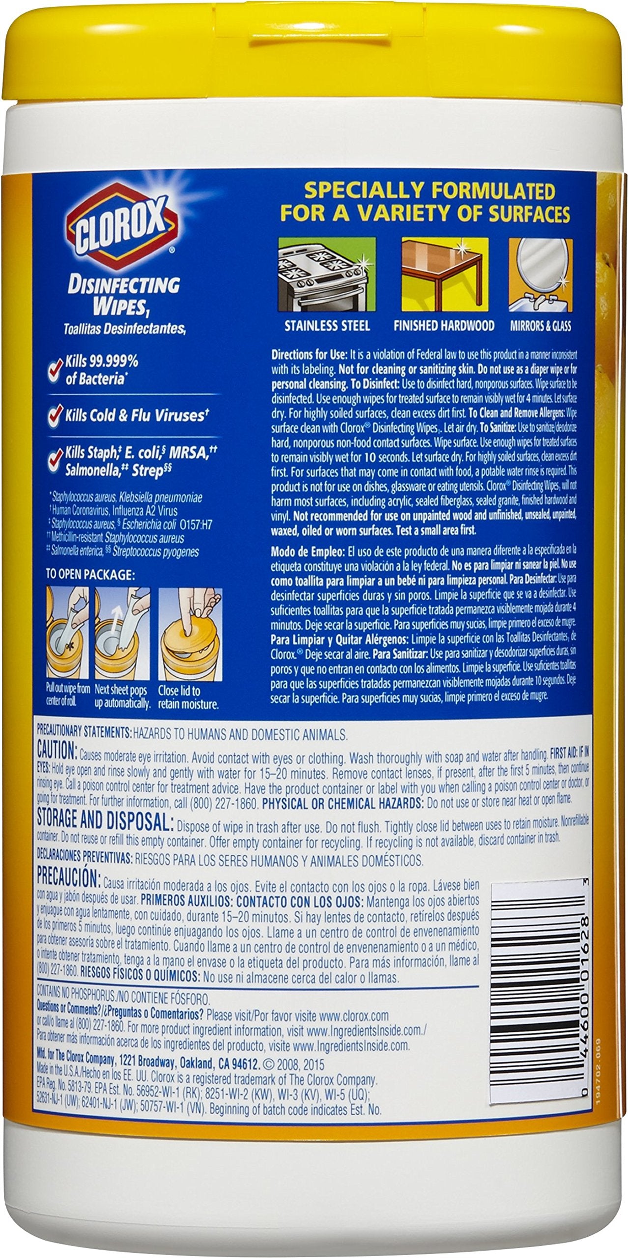 Clorox Disinfecting Cleaning Wipes, Bleach Free, Crisp Lemon, 75 Count, Pack of 6 (Pack May Vary)