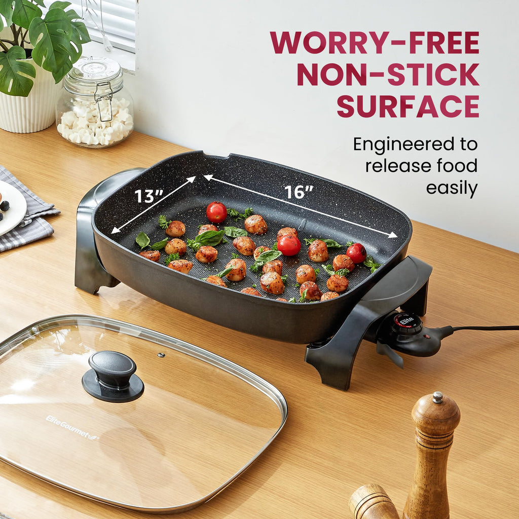 Elite Gourmet EG-6203X Extra Deep 16"x13"x3.2" (10.5Qt.) Scratch Resistant, Easy Pour Spout, Dishwasher Safe, Non-stick Electric Skillet with Vented Glass Lid, Adjustable Temperature, Black