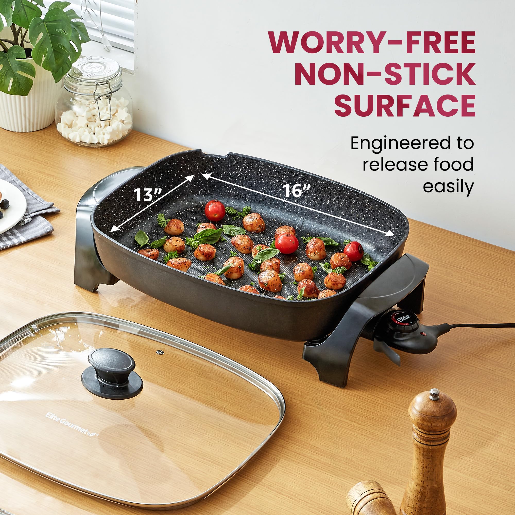 Elite Gourmet EG-6203X Extra Deep 16"x13"x3.2" (10.5Qt.) Scratch Resistant, Easy Pour Spout, Dishwasher Safe, Non-stick Electric Skillet with Vented Glass Lid, Adjustable Temperature, Black