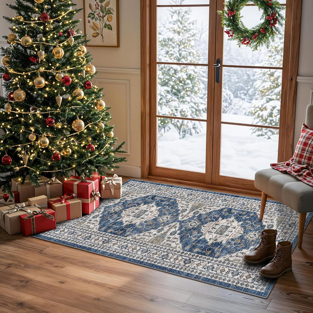 Skiennix Non-Slip Entryway Area Rug - Washable Stain Resistant Kitchen Carpet | Vintage 2x4 Blue Mat