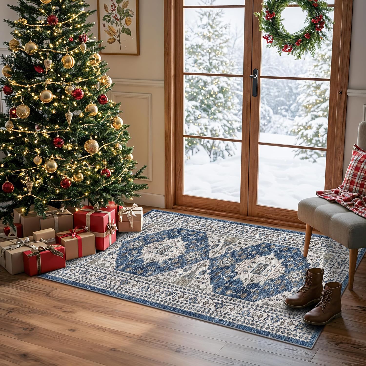 Skiennix Non-Slip Entryway Area Rug - Washable Stain Resistant Kitchen Carpet | Vintage 2x4 Blue Mat