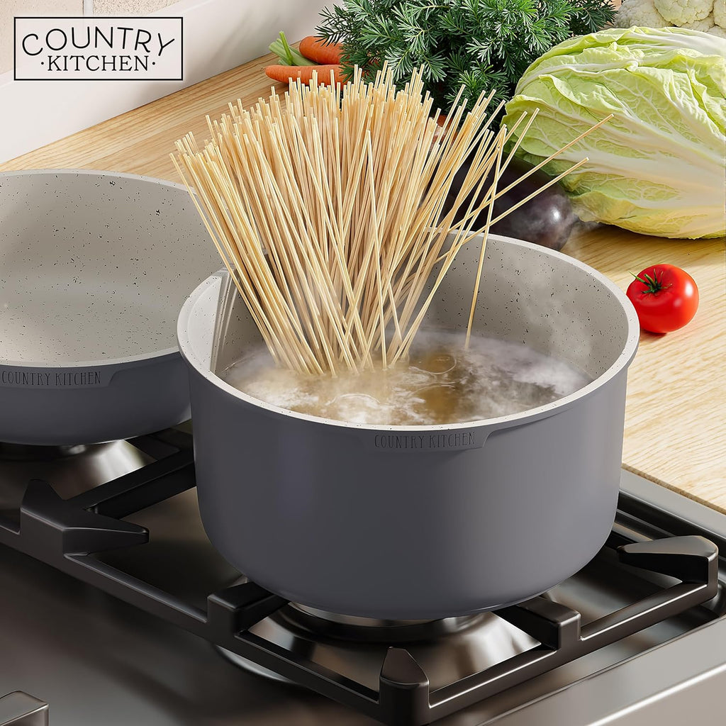 Country Kitchen Cookware Set - Removable Handle, Oven & RV Safe Pots and Pans, Grey/Ivory Wood Handle