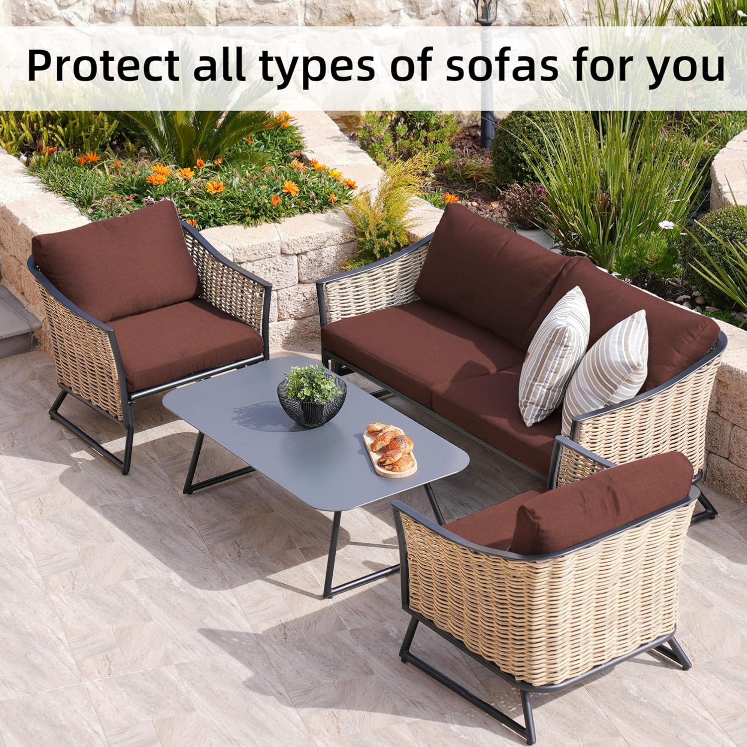 Skiennix 8-Piece Stretch Patio Cushion Covers - Washable Outdoor Sofa Slipcovers in Light Coffee