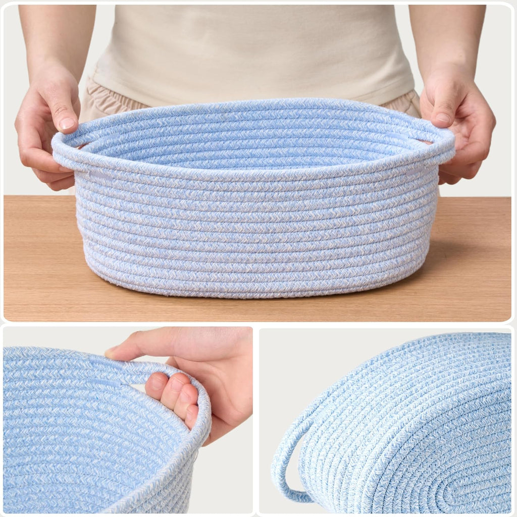 Small Woven Easter Basket - Decorative Rope Storage Organizer with Gift Bag & Ribbon | 12"x8"x5", Blue