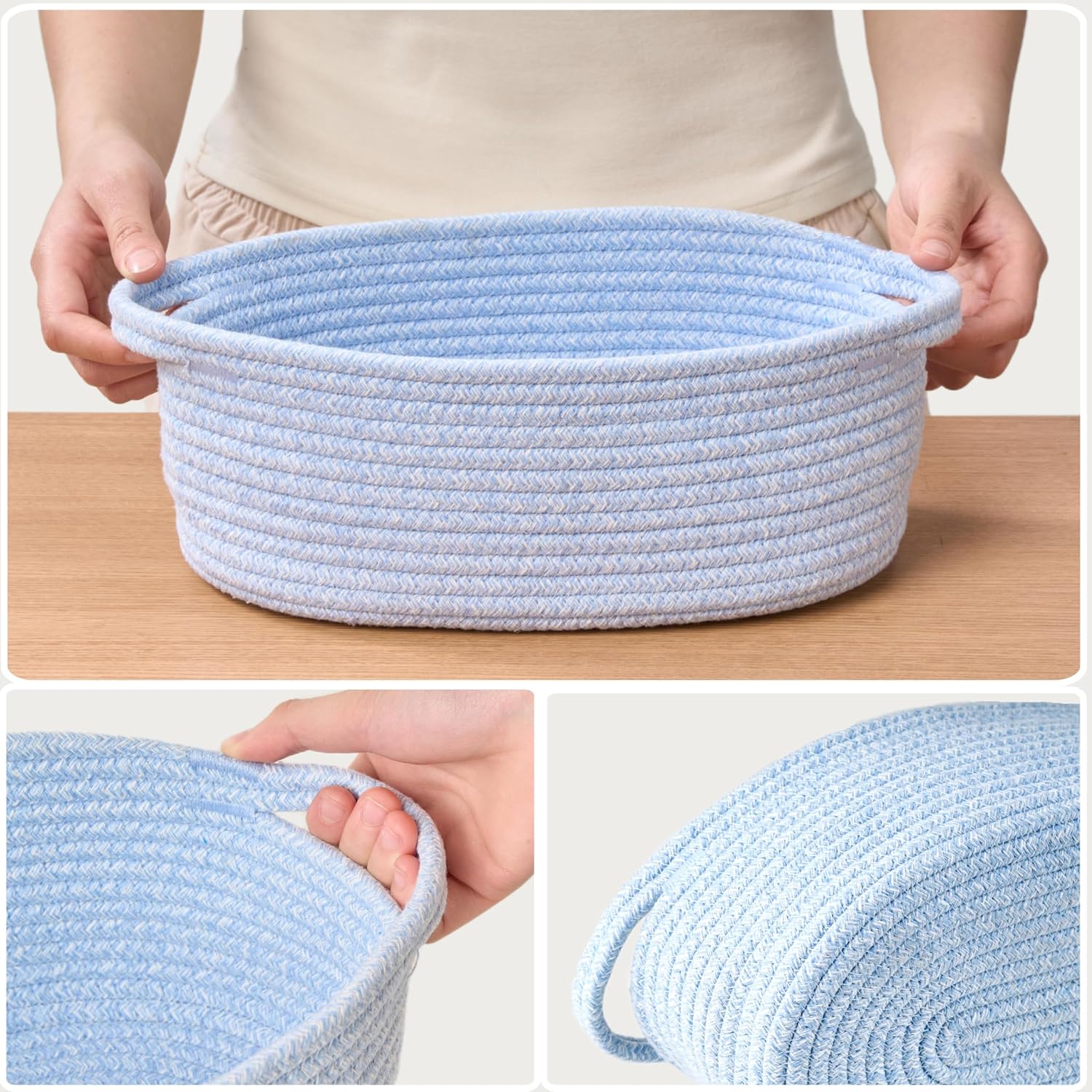 Small Woven Easter Basket - Decorative Rope Storage Organizer with Gift Bag & Ribbon | 12"x8"x5", Blue