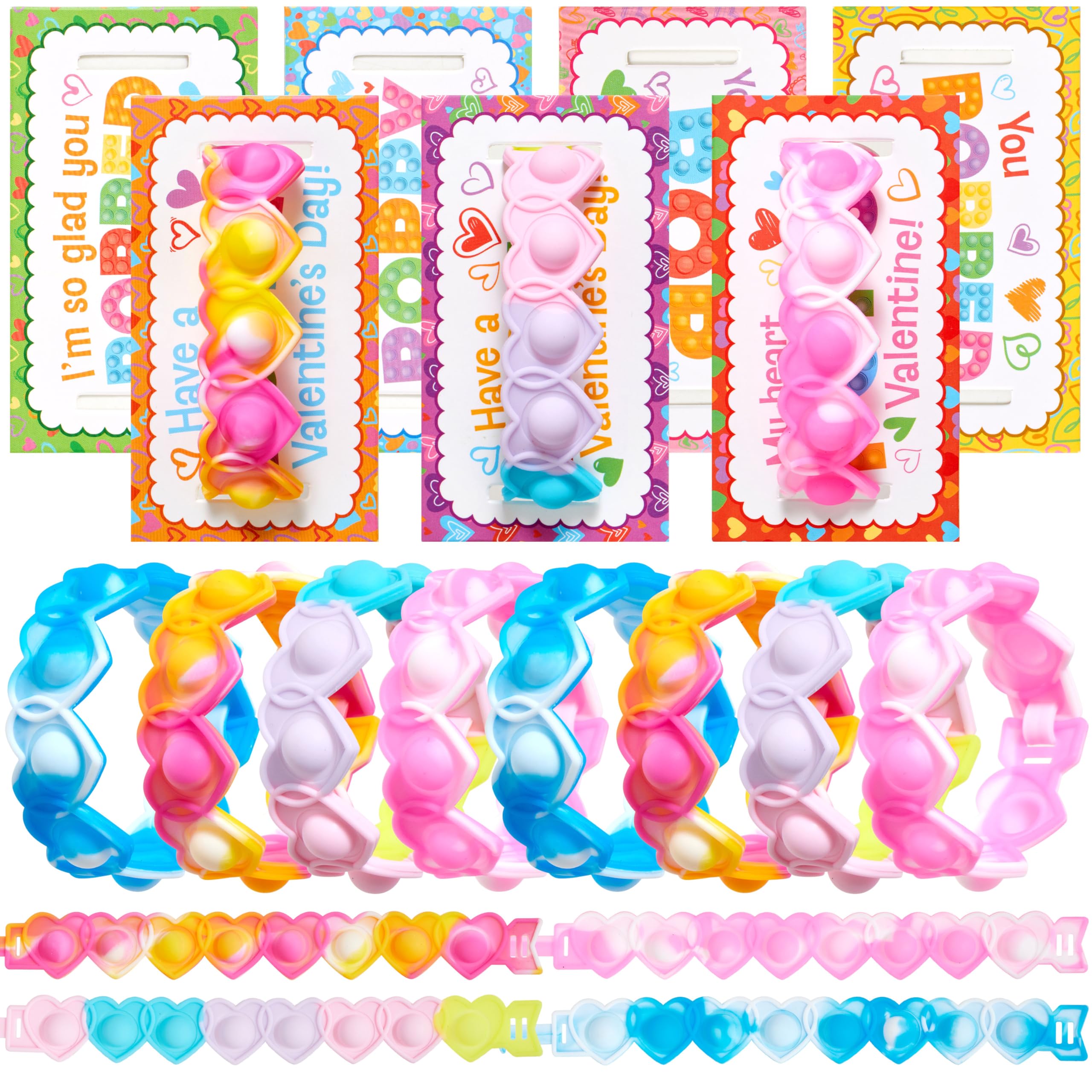 JOYIN 28 PCS Valentine's Day Gifts Cards with Heart Pop Fidget Bracelets, Stress Relief Pop Bubble Fidget Toys for Kids Girls Boys Valentines Classroom School Exchange Gifts, Party Favor Prizes