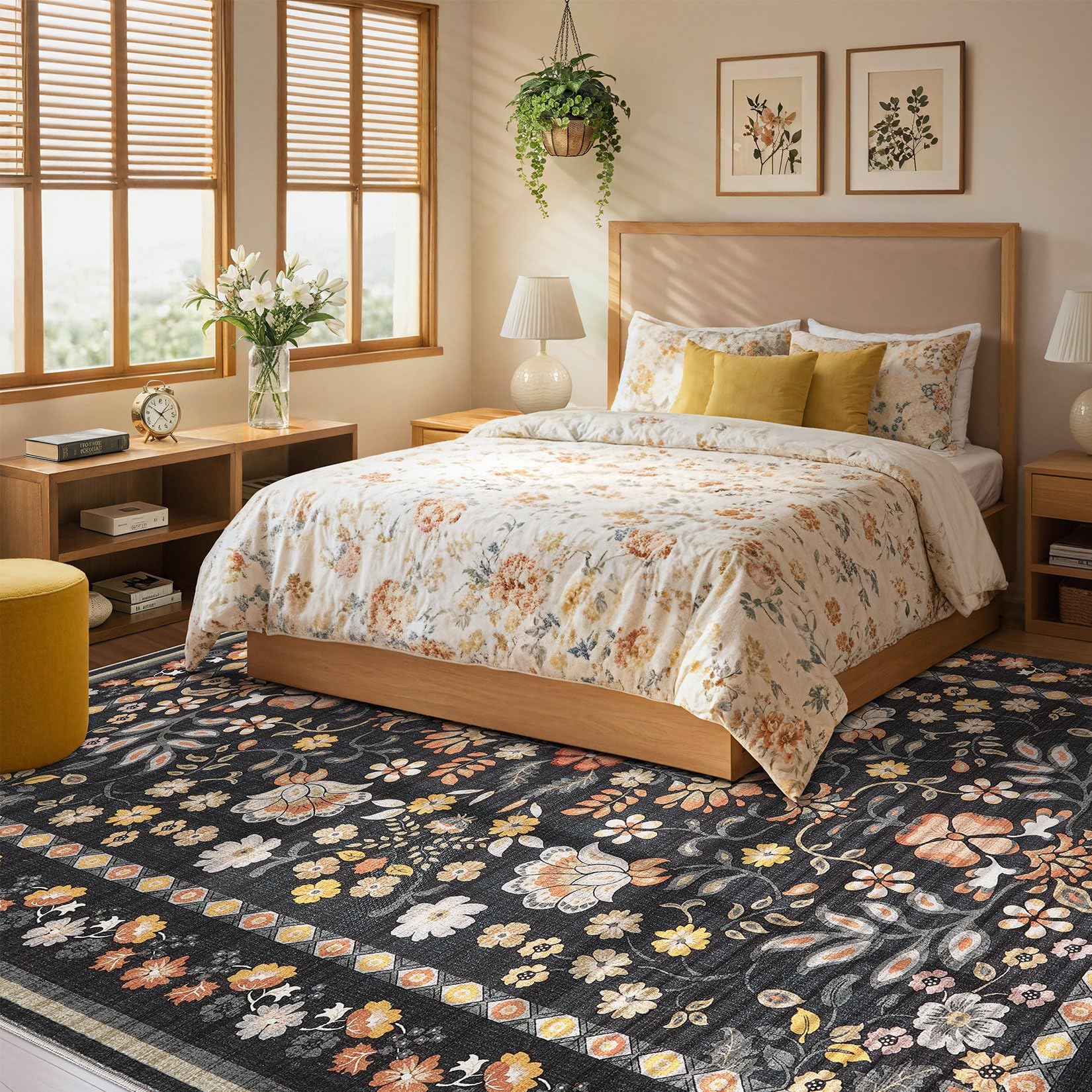 UERMEI Runner Rug for Hallways Kitchen: 2x6 Washable Area Rug Boho Floral Soft Long Rug - Non-Slip Low Pile Throw Indoor Carpet for Entryway Kitchen Bedroom Laundry Bathroom - Black Grey