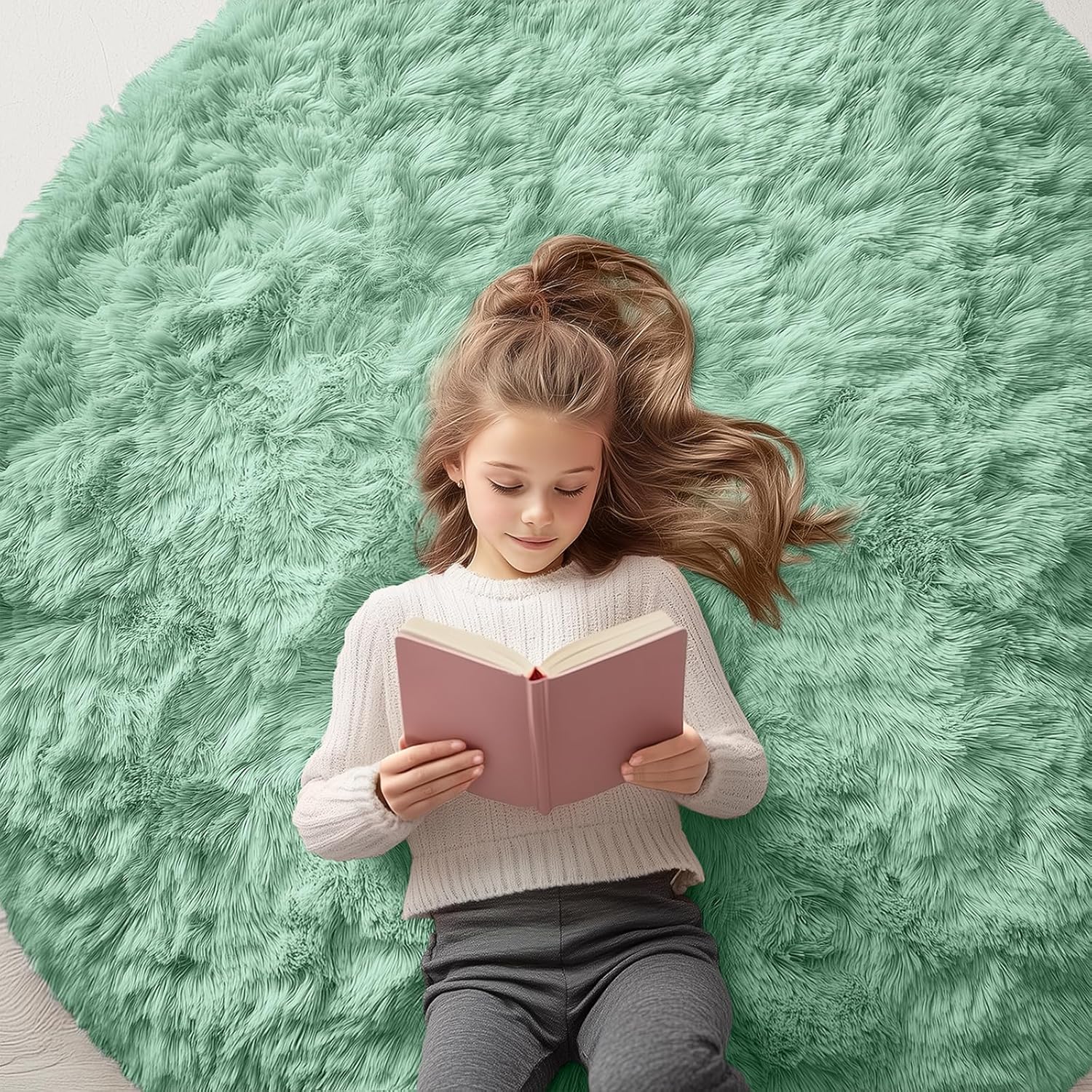 OLANLY Mint Green Round Area Rug - Soft, Fluffy, Machine Washable 5 ft Circle Carpet for Bedrooms & Nurseries