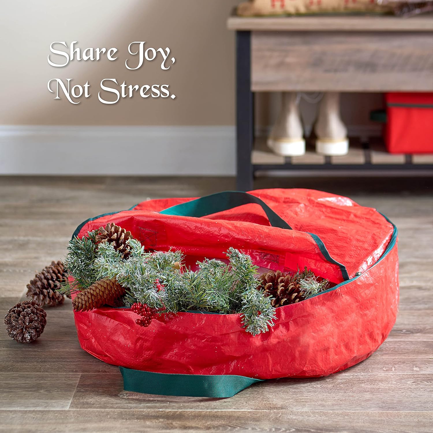 ZOBER Wreath Storage Bag - 36 Inch Christmas Wreath Container with Dual Zippers & Durable Handles - Red