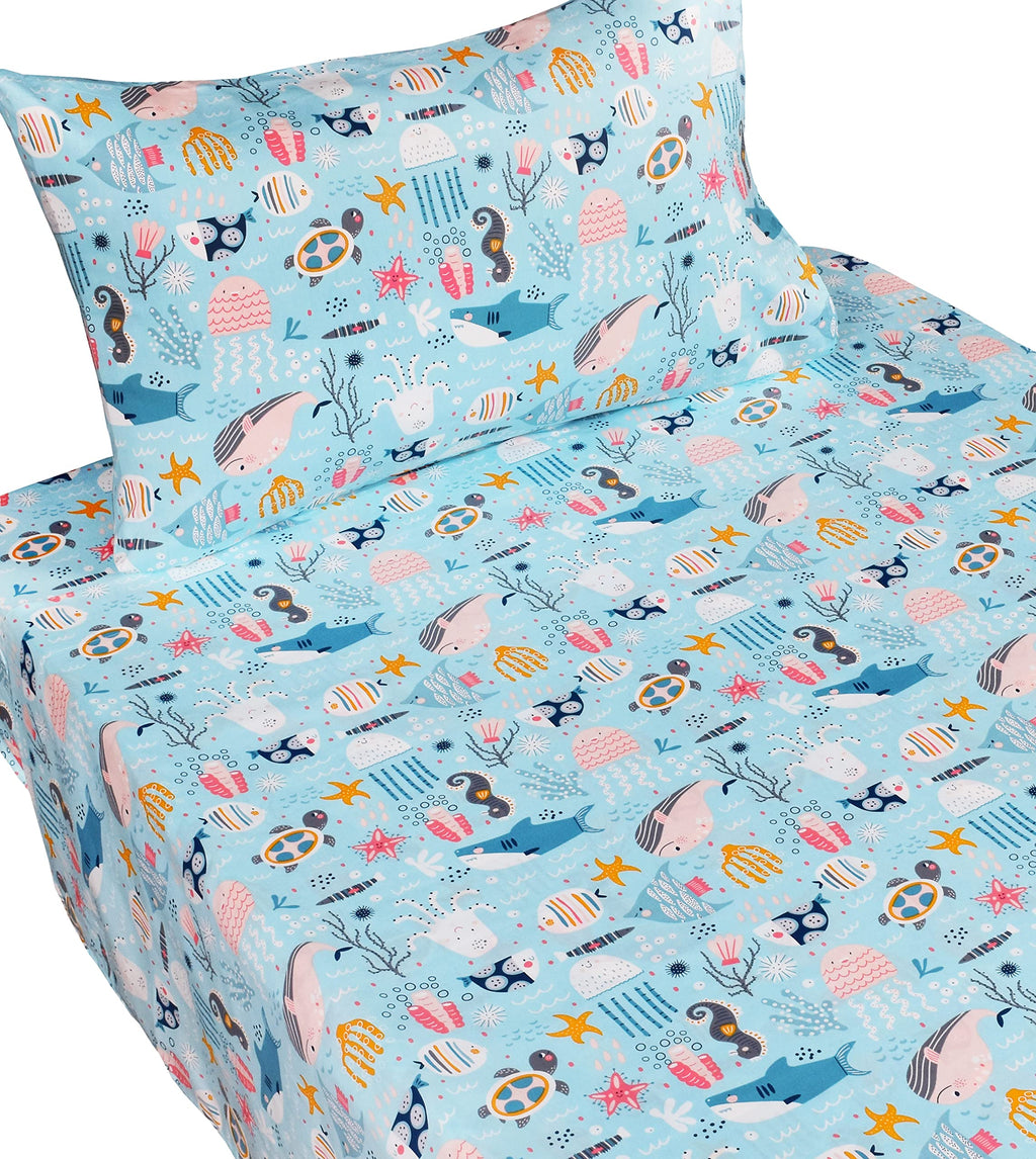 J-pinno Underwater Animals Sea Fishes Turtle Shark Dolphin Twin Sheet Set Gift 100% Cotton Flat Sheet + Fitted Sheet + Pillowcase Bedding Set for Unisex Boys Girls