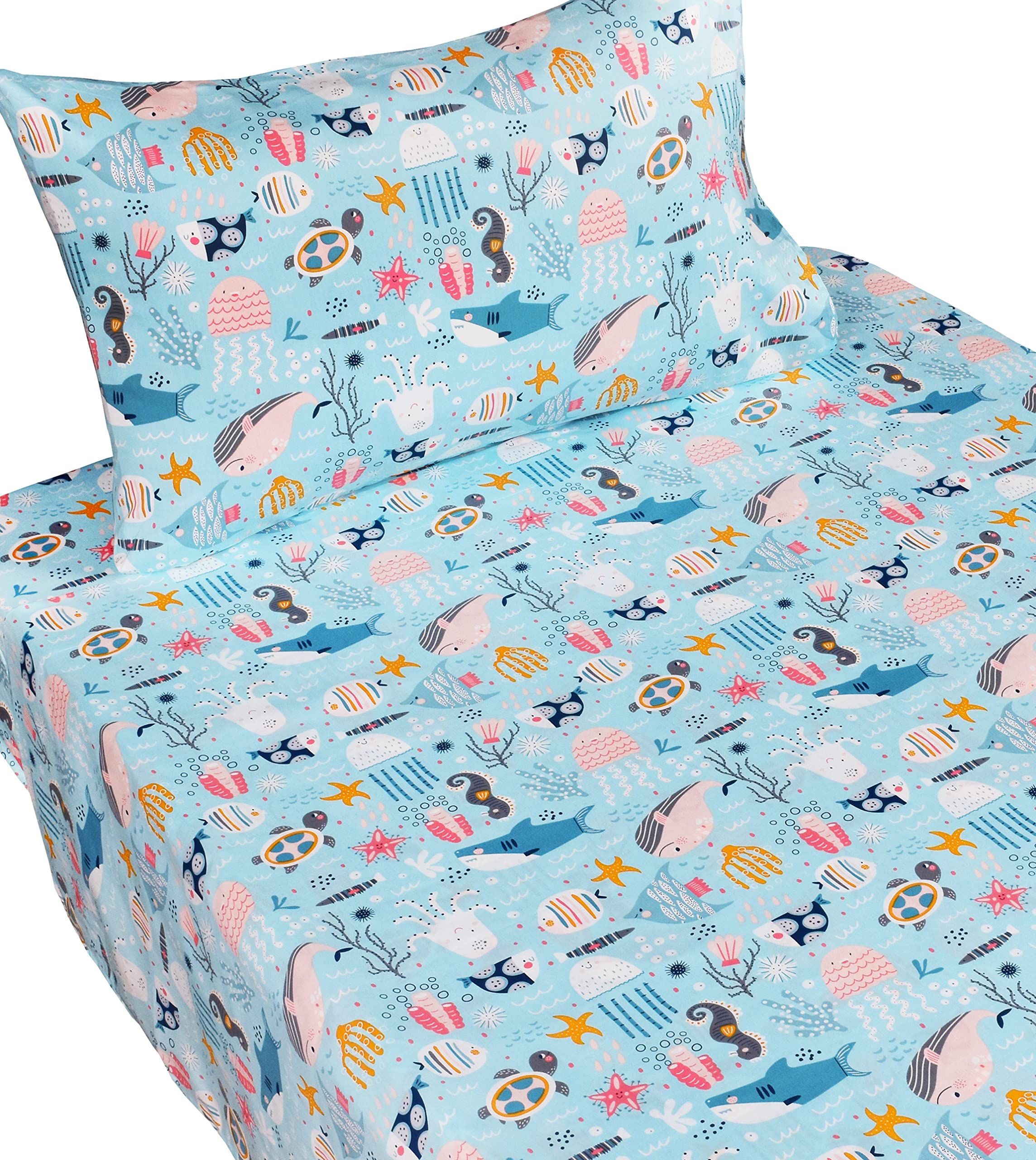 J-pinno Underwater Animals Sea Fishes Turtle Shark Dolphin Twin Sheet Set Gift 100% Cotton Flat Sheet + Fitted Sheet + Pillowcase Bedding Set for Unisex Boys Girls