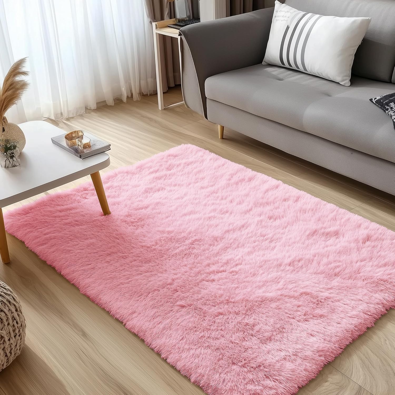 OLANLY Soft Fluffy Shaggy Bedside Rug - 3x5 Machine Washable Indoor Carpet for Kids & Nursery | Pink Home Decor
