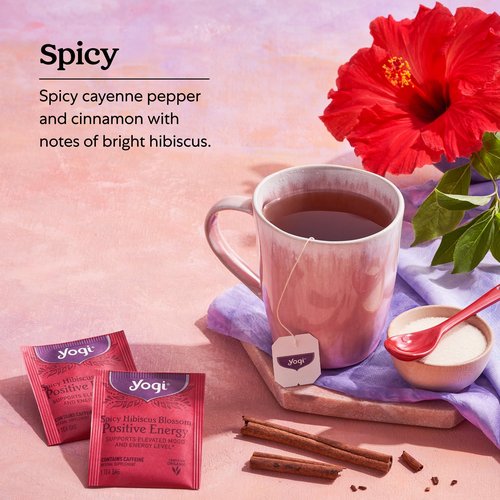 Yogi Tea Spicy Hibiscus Blossom Positive Energy Tea - 16 Tea Bags per Pack (6 Packs) - Organic Herbal Tea to Support Energy - Includes Black Tea Leaf, Hibiscus Flower, Cinnamon Bark & More