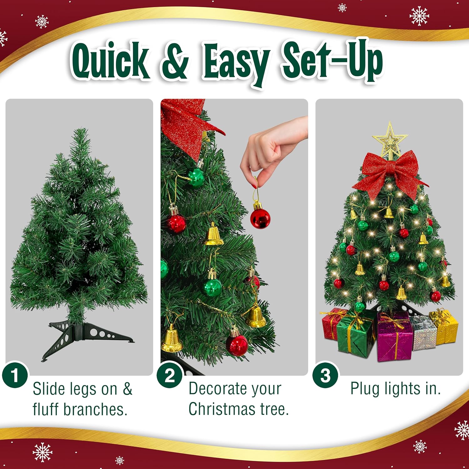 Small Christmas Tree with Lights - 23-Inch Mini Tabletop Tree with Warm-White LEDs & Ornaments