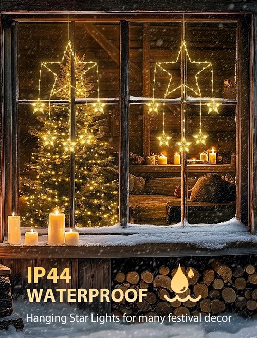Qunlight 73LED Christmas Window Lights,2 Pack 12IN Star Fairy Lights with 8 Modes Timer,Hanging Silhouette Twinkle Light for Wall,Bedroom,Indoor Outdoor,Party,Xmas,Holiday Decorations,Warm White