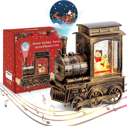 IPOW Christmas Snow Globe Lantern - Santa Sleigh Projection with Water Swirling Glitter | Musical & Lighted USB/Battery Operated Decor