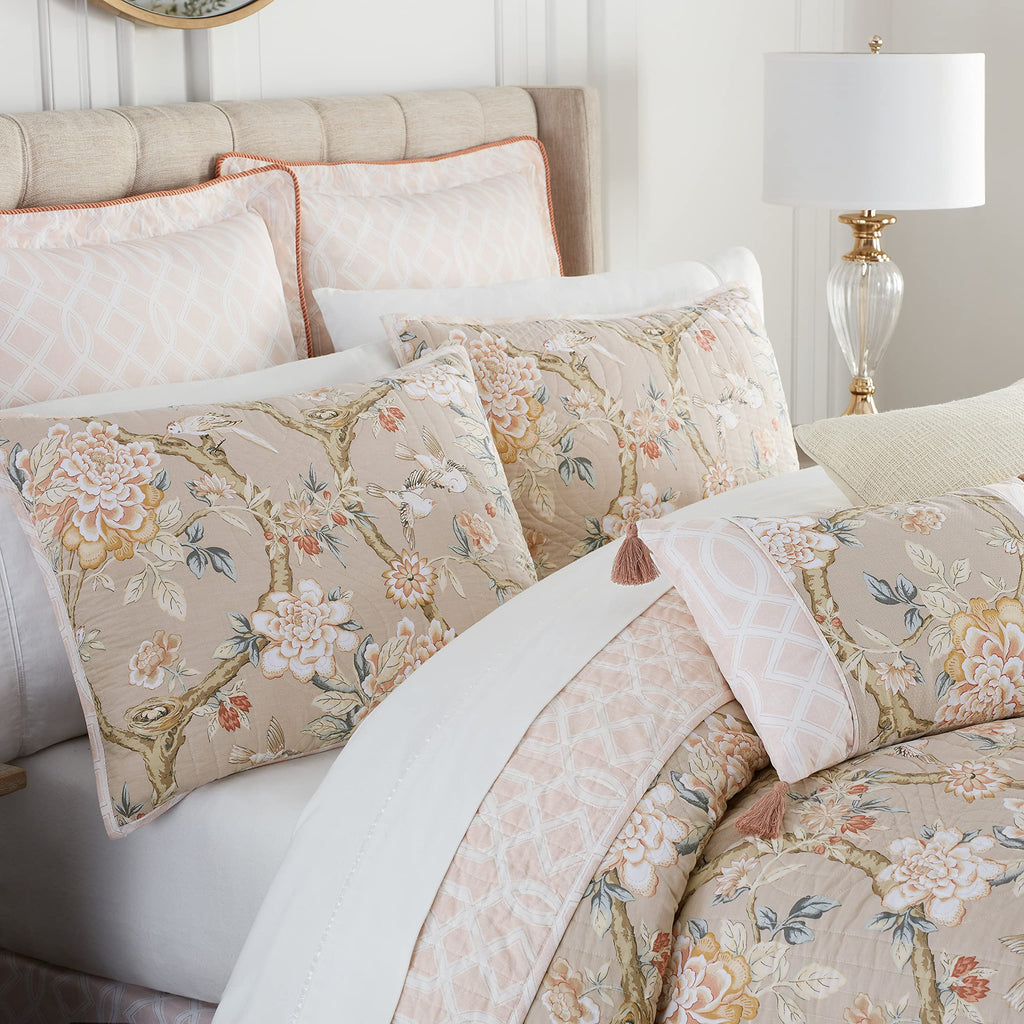 Waverly Peony Gardens 4 Piece Cotton Quilt Set, Embellished All Season Bedding, Includes One Quilt, One Bed Skirt and Two Pillow Shams, Machine Washable King Bed Set, Taupe