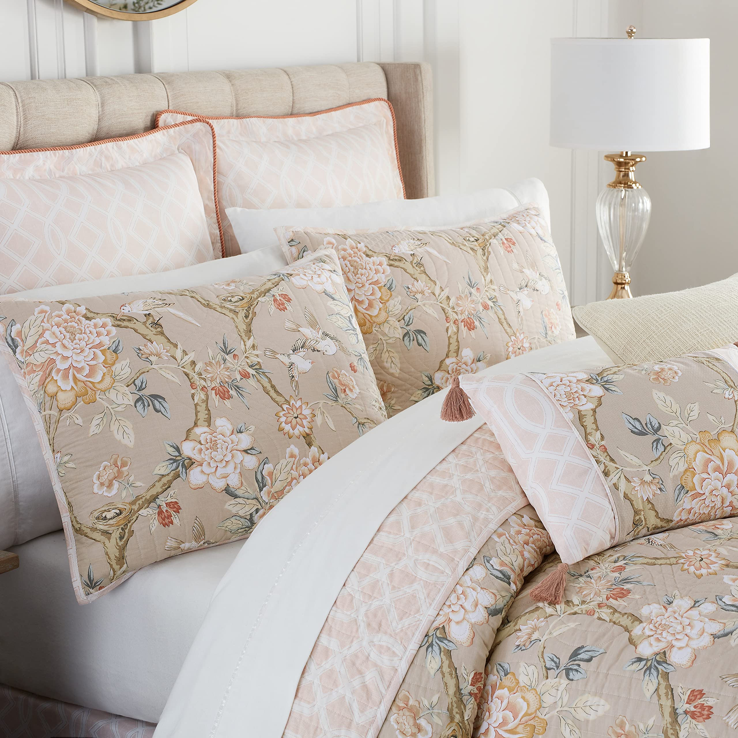 Waverly Peony Gardens 4 Piece Cotton Quilt Set, Embellished All Season Bedding, Includes One Quilt, One Bed Skirt and Two Pillow Shams, Machine Washable King Bed Set, Taupe