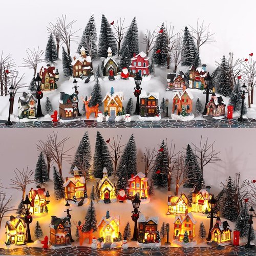 Kajaia Christmas Village Set - 68 Pieces Winter Houses, Trees & Snowman Decor for Miniature Displays