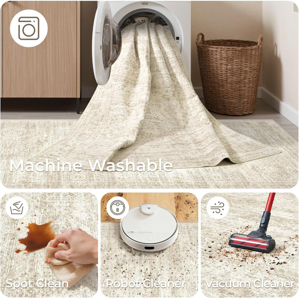 Skiennix Rug Runners for Hallways - Non-Slip 2x8 Runner Rug, Washable Soft Low-Pile Carpet in Beige/Ivory