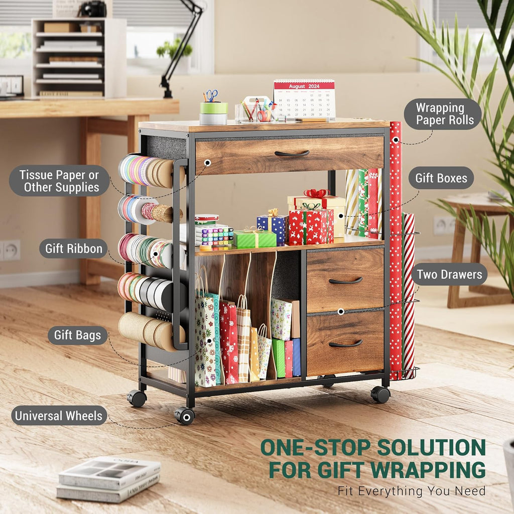 PUNLUXU Wrapping Paper Storage Cart - Rolling Gift Wrap Organizer with Ribbon & Bag Storage | Ideal for Crafts