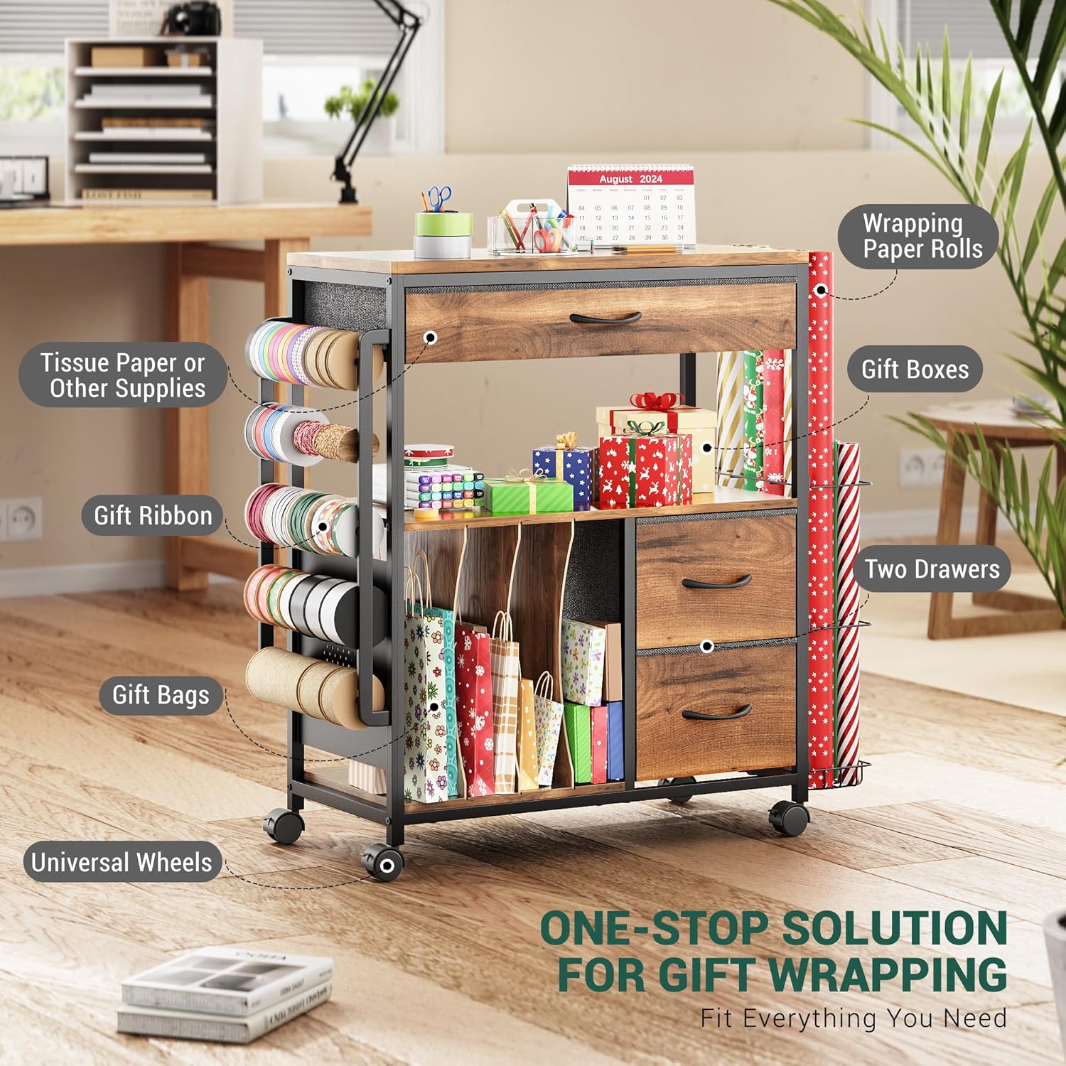 PUNLUXU Wrapping Paper Storage Cart - Rolling Gift Wrap Organizer with Ribbon & Bag Storage | Ideal for Crafts