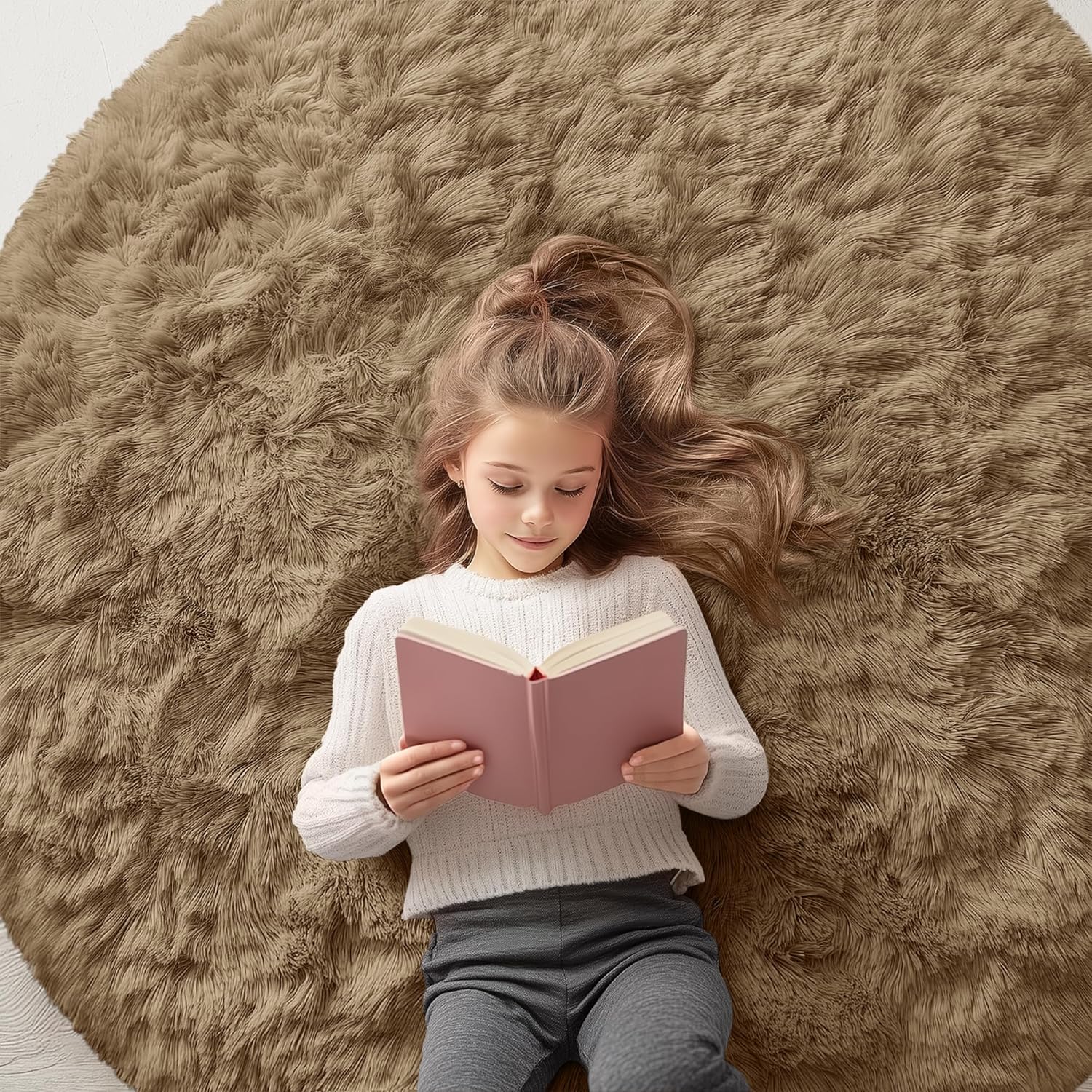 OLANLY Round Area Rug - Soft Taupe Shaggy Carpet, Machine Washable, 5 ft Circle for Bedroom & Living Room Decor