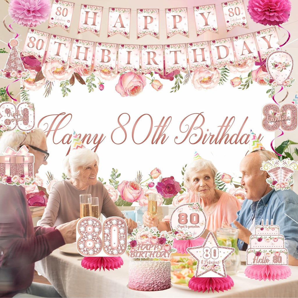 Vlipoeasn 80th Birthday Decorations - Rose Gold Backdrop Banner, Cake Topper & Honeycomb Swirls