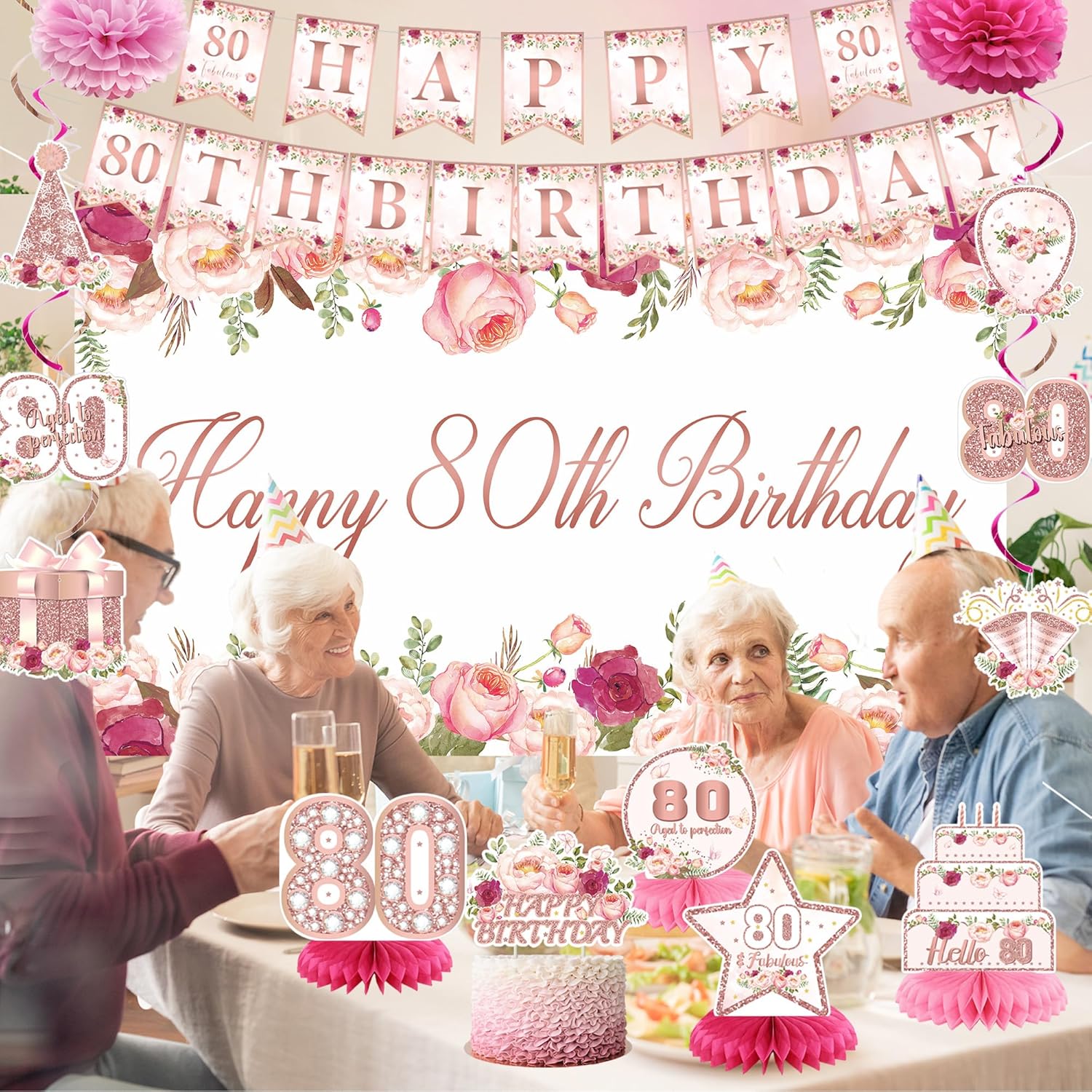 Vlipoeasn 80th Birthday Decorations - Rose Gold Backdrop Banner, Cake Topper & Honeycomb Swirls