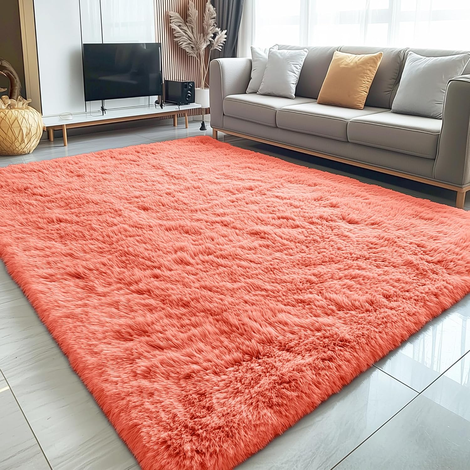 OLANLY Large Area Rug - Soft Fluffy Shaggy Carpet for Living Room & Bedroom | 5x8 Coral Red