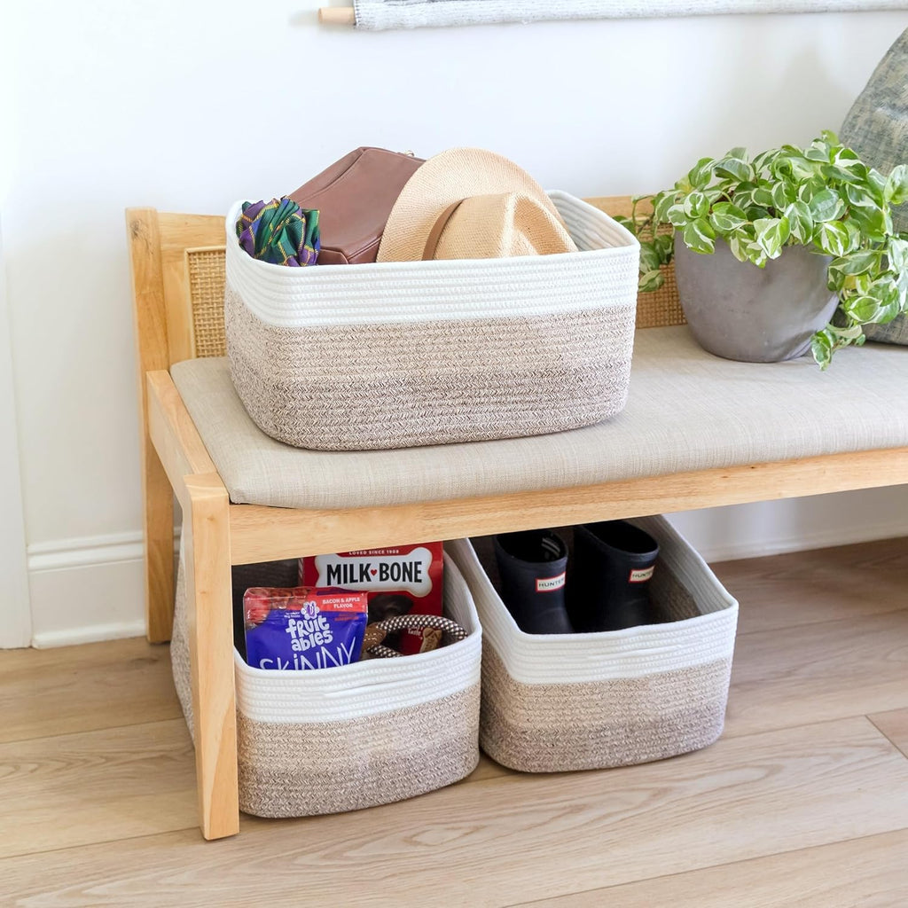 NaturalCozy Storage Baskets - 3-Pack Cotton Rope Woven Bins for Organizing | 16.8”x13”x7.6” Size