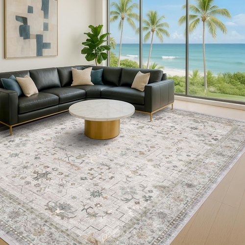 Hazo Haus Boho Living Room Rug - Light Grey Floral Design | Washable Low Pile 9x12 Extra Large Area Rug