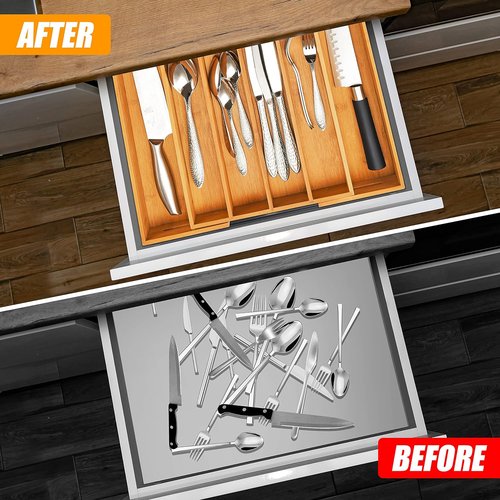 Bellsal Bamboo Silverware Organizer - Expandable Kitchen Drawer Utensil Holder | Cutlery Tray for Home Use