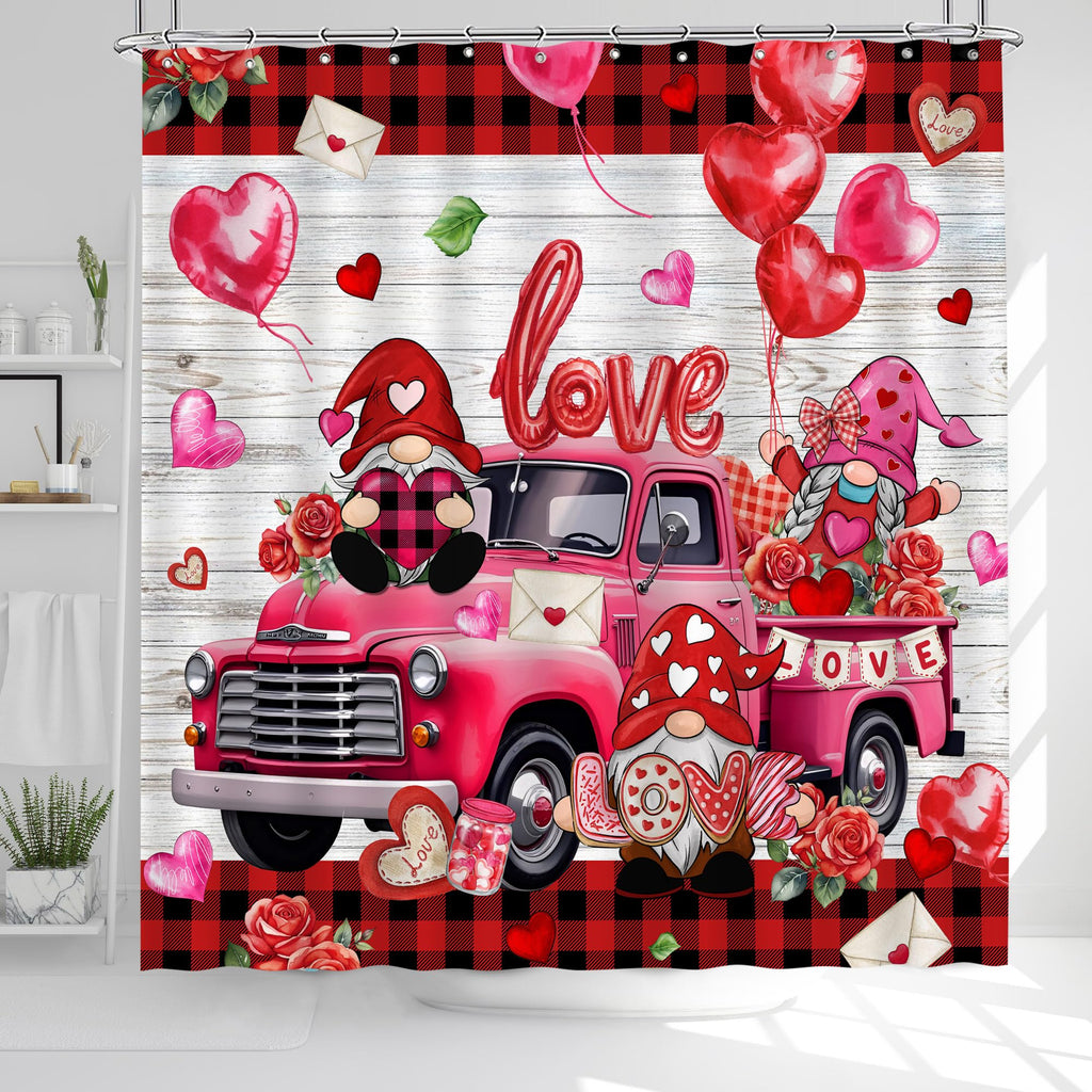 Unibyby Valentines Day Shower Curtain, Valentine Curtain for Bathroom, Red Valentine's Truck and Gnomes with Buffalo Plaid Waterproof Bath Curtains with Hooks for Decorations Gifts, 71x71 Inches