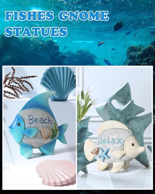 iStatue 2-Pack Resin Fish Figurines - Cute Coastal Nautical Decor for Home, 4.4'' Beach Theme