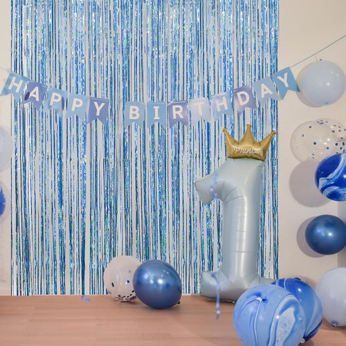 Blue Tinsel Curtain Streamers by [Brand Name] - Foil Fringe Party Backdrop for Engagement & Birthdays | 2 Pack 3.3x8.3ft