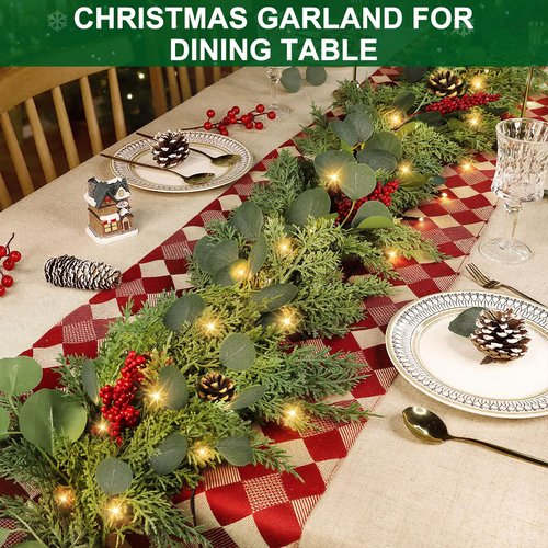 Extra Thick & Lush - Prelit Christmas Garland with 30 Lights Timer, 6Ft by 12 Inch Real Touch Cedar Garland with Berry Pinecone, Battery Operated Realistic Soft 130 Tips Xmas Garlands Indoor Outdoor
