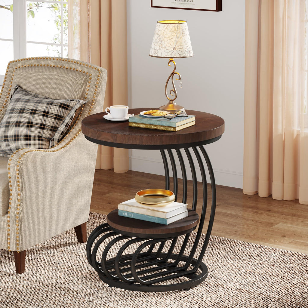 LITTLE TREE Round Side Table, Wood End Table with 2-Tier Storage Shelf, Accent Coffee Table, Creative Curved Metal Frame End Table for Small Spaces, Living Room, Bedroom, Brown + Black