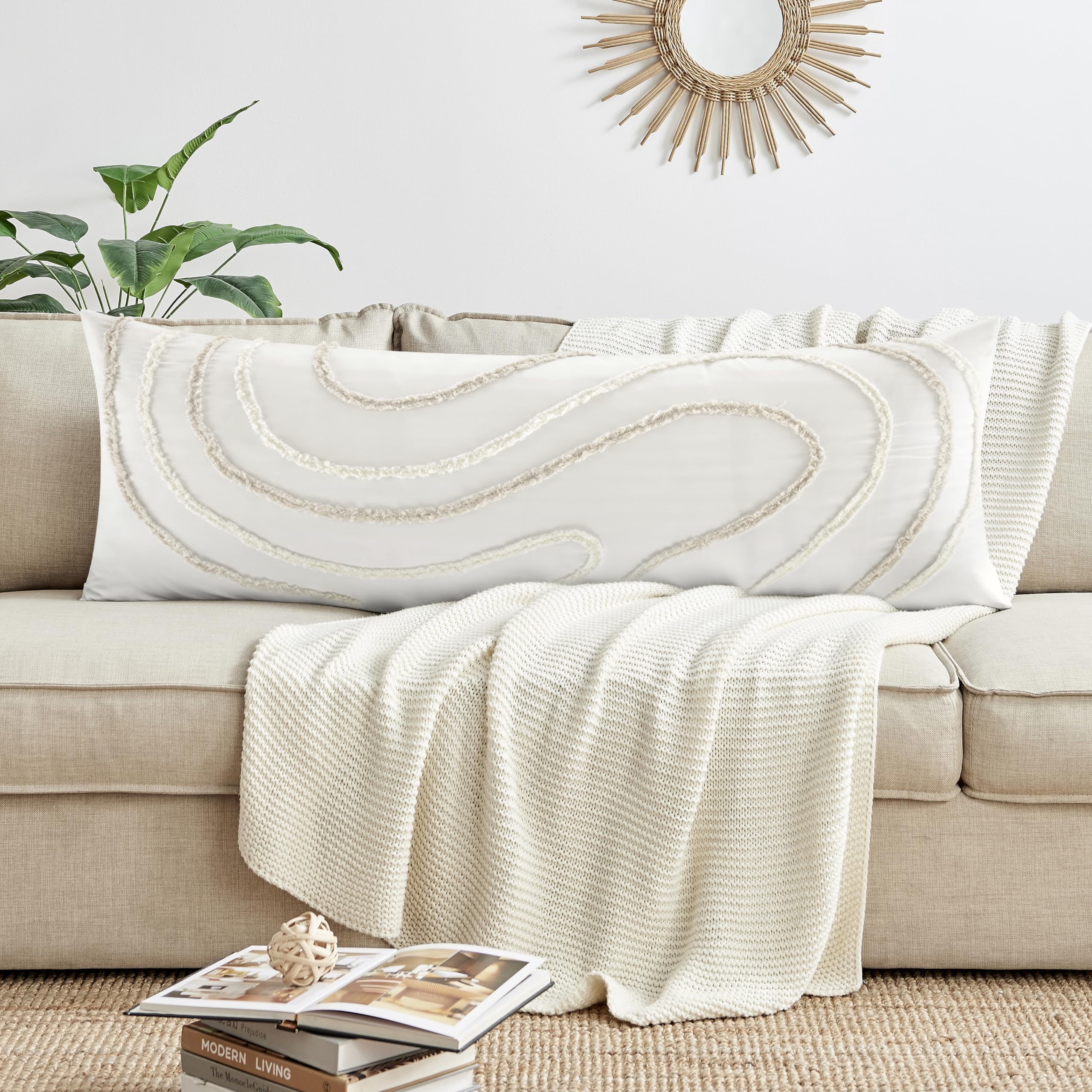 Sweet Jojo Designs Boho Tufted Swirl Body Pillow Cover Case Decorative Accent Long Couch Kids Bed Pregnancy Pillowcase 54x20 Neutral Ivory Taupe Bohemian Pattern Geometric Off White Abstract Unisex