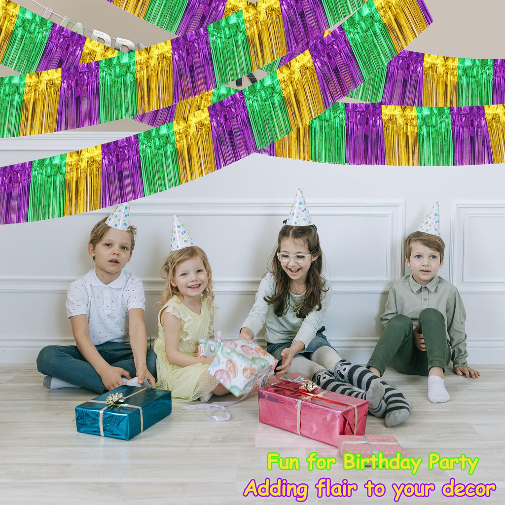 4 Packs Total 39 Ft Mardi Gras Parade Floats for Trailer Car, Green Gold Purple Foil Fringe Garland Tinsel Streamers Banner Table Skirts for Halloween Graduation Homecoming Birthday Party Decor