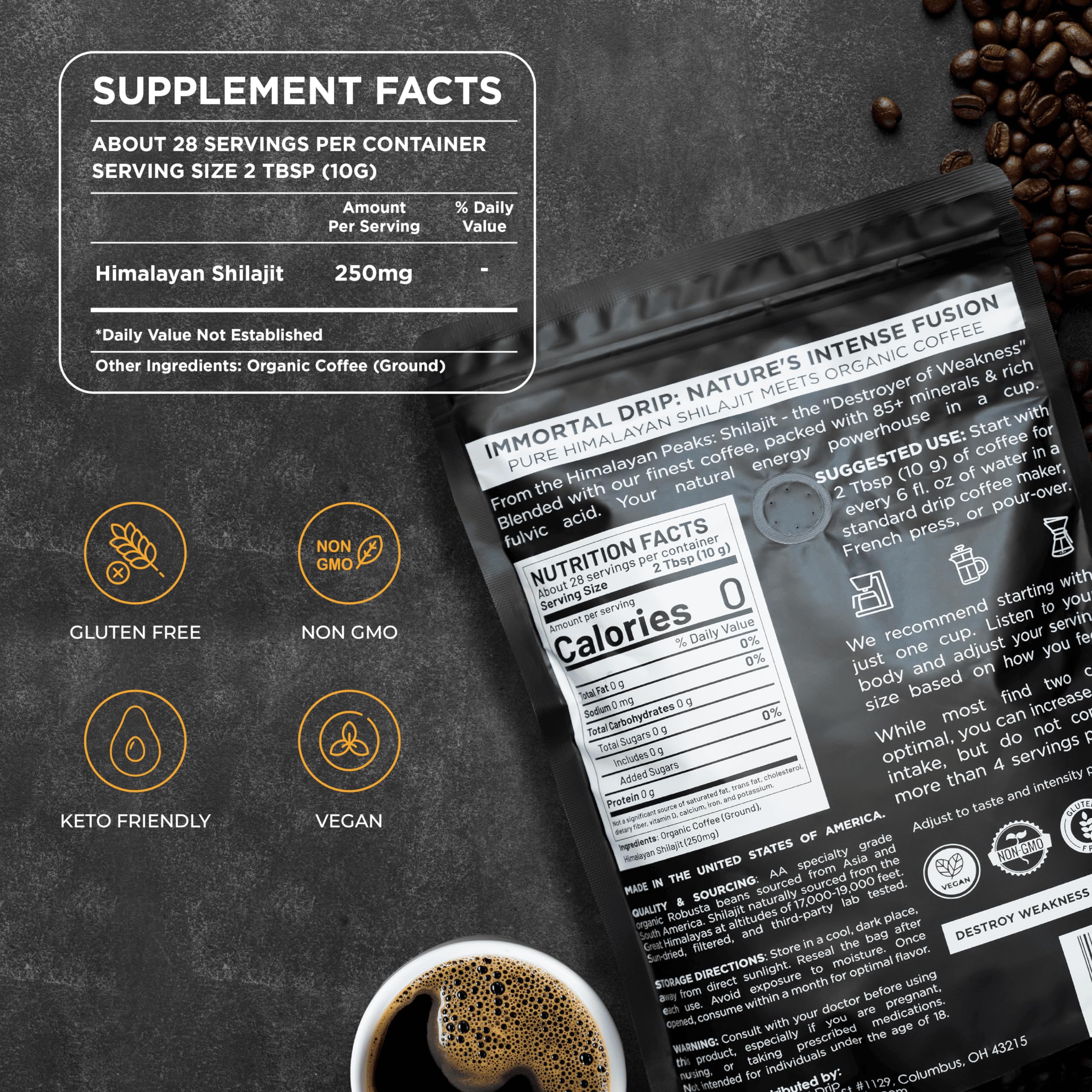 Shilajit Coffee - Immortal Drip, Organic Dark Roast Ground Coffee, Himalayan Shilajit-Infused, High-Caffeine, Vitamins - Fulvic Acid & 85+ Minerals