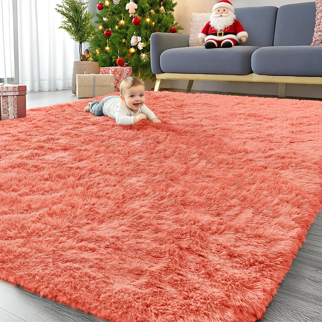 OLANLY Large Area Rug - Soft Fluffy Shaggy Carpet for Living Room & Bedroom | 9x12 Coral Red