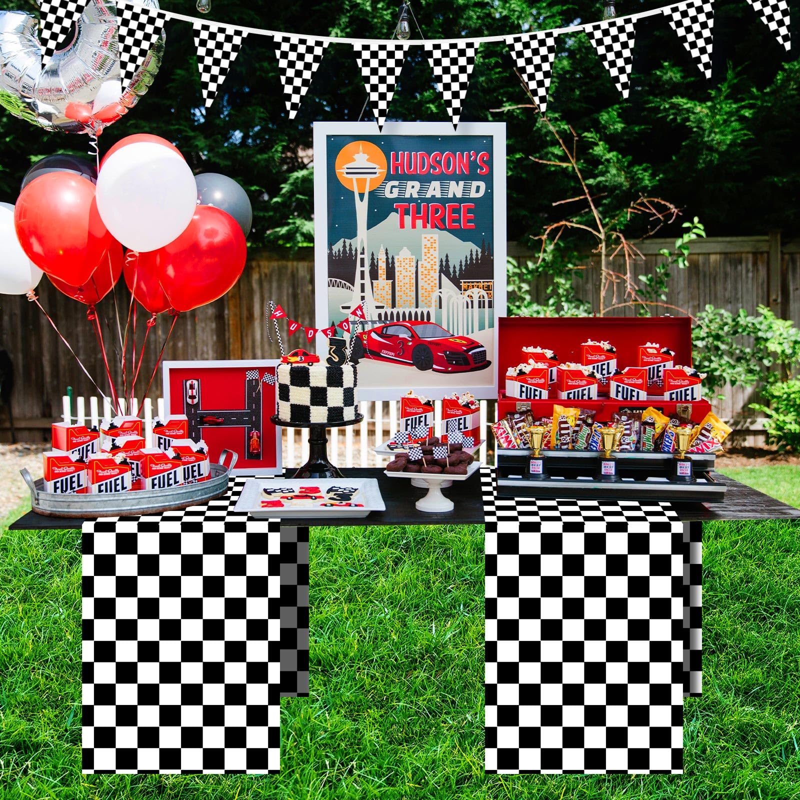 Plastic Checkered Table Runner, 14" x 108" Black & White Checkered Table Cloths, 6 Pcs Racetrack Road Table Runner for Birthday Racing Theme Party