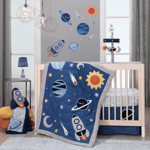 Lambs & Ivy Milky Way Blue/Silver Rocket Ship Nursery Lamp with Shade & Bulb