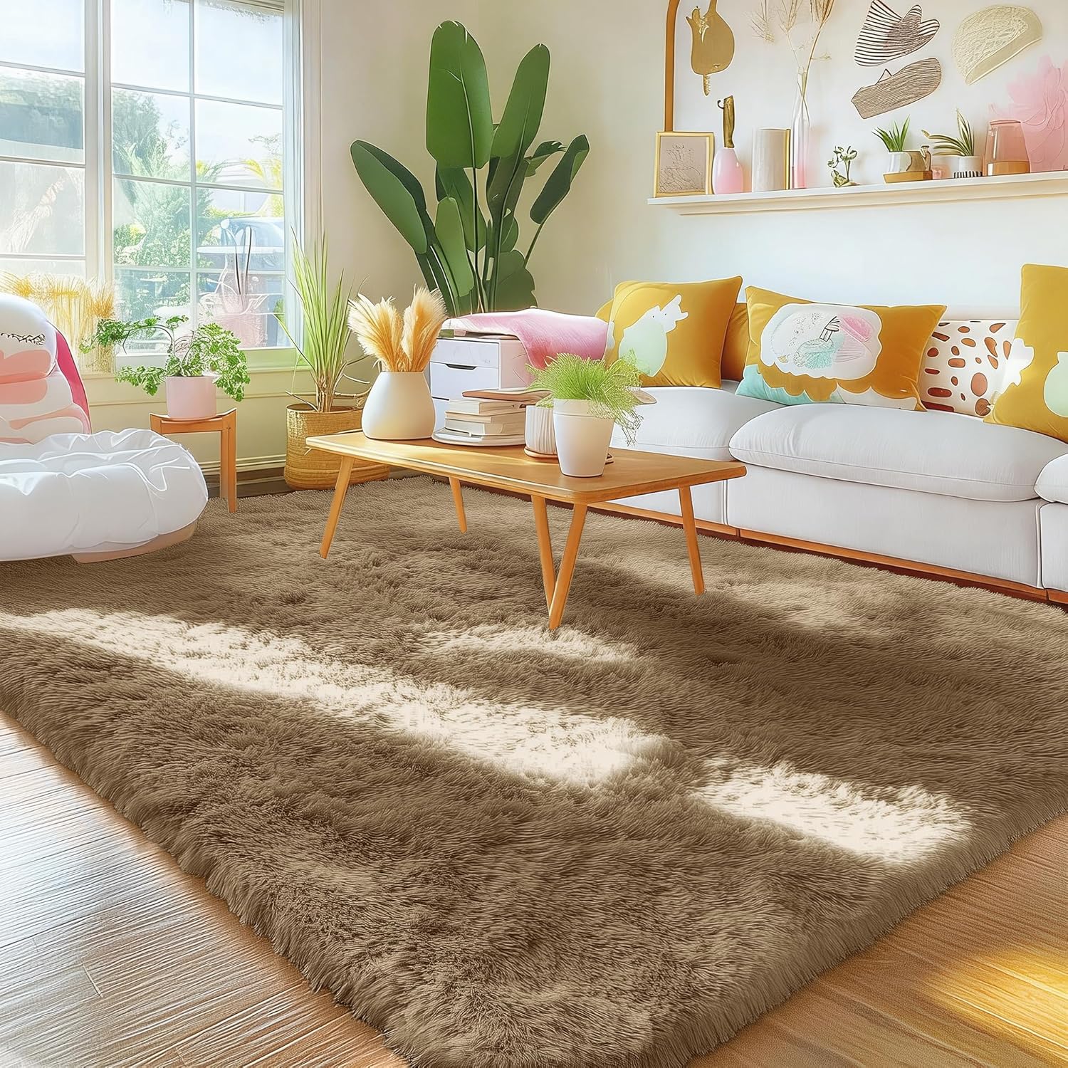 OLANLY Area Rug - Soft Fluffy Shaggy Design | Machine Washable 4x5.9 ft for Living Room & Bedroom - Taupe